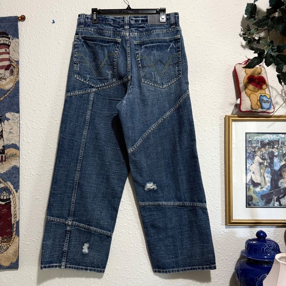 Vintage Brooklyn Xpress Men's‎ Y2K 32x30 Patchwork Wide Leg Jeans Distressed - Picture 2 of 6